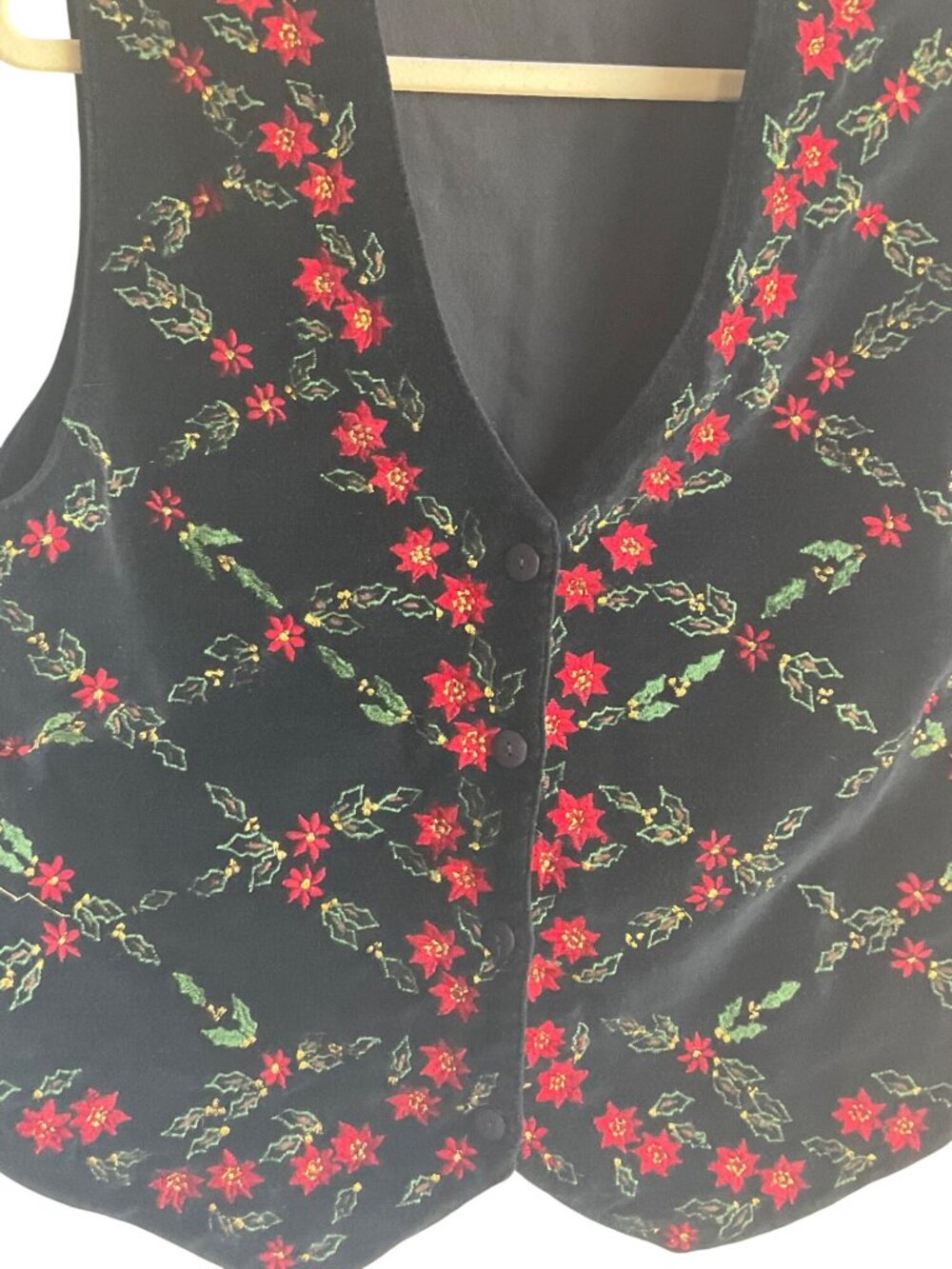 Vintage Chrysantheme L Black Velvet Vest Poinsettia Embroidery Adjustable Preppy - Picture 5 of 15